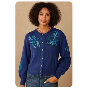 SUNDANCE Women Size XS Navy Blue Button Front Cardigan Sweater Embroidery Beaded